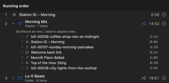 A program's running order: the Station ID – Morning clip, then the Morning Mix playlist shuffled at air time with its seven items listed, then the Lo-fi Beats folder, also shuffled.