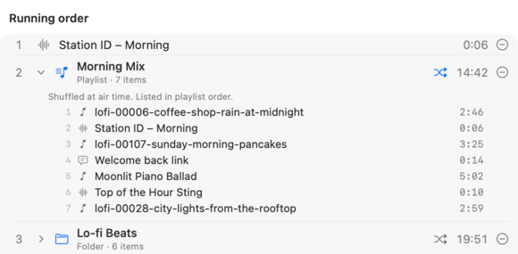 A program's running order: the Station ID – Morning clip, then the Morning Mix playlist shuffled at air time with its seven items listed, then the Lo-fi Beats folder, also shuffled.