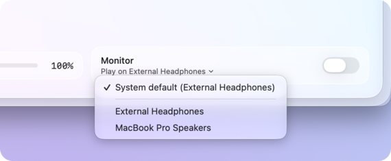 The Monitor tile on the On Air page with its device menu open: System default (External Headphones) checked, then External Headphones and MacBook Pro Speakers.