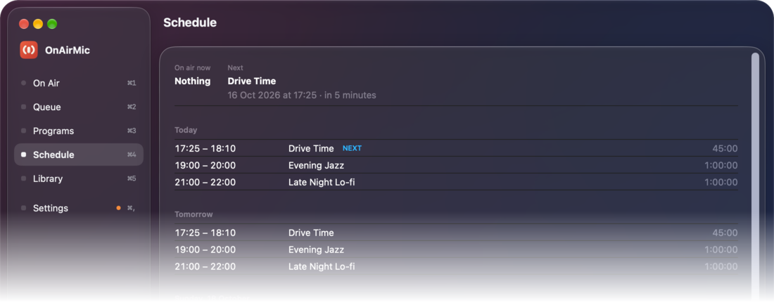 The Schedule page: next is Drive Time in 5 minutes; today, tomorrow and each following day list Drive Time, Evening Jazz and Late Night Lo-fi with their times.